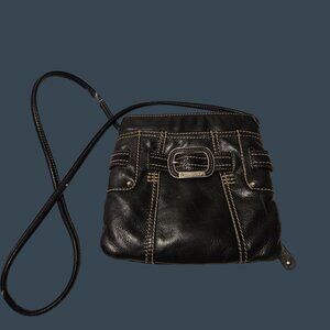 Tignanello Vintage Black Leather Crossbody Purse With Large Stitching Buckle & S